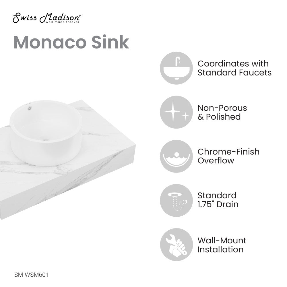 Monaco 36" Floating Bathroom Shelf with Vessel Sink in White Marble