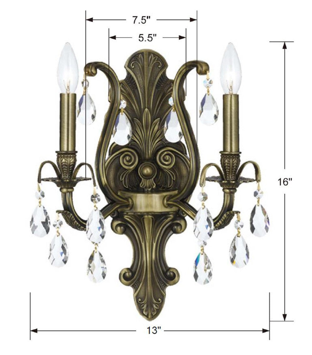 Dawson 2 Light Hand Cut Crystal Antique Brass Sconce 5563-AB-CL-MWP