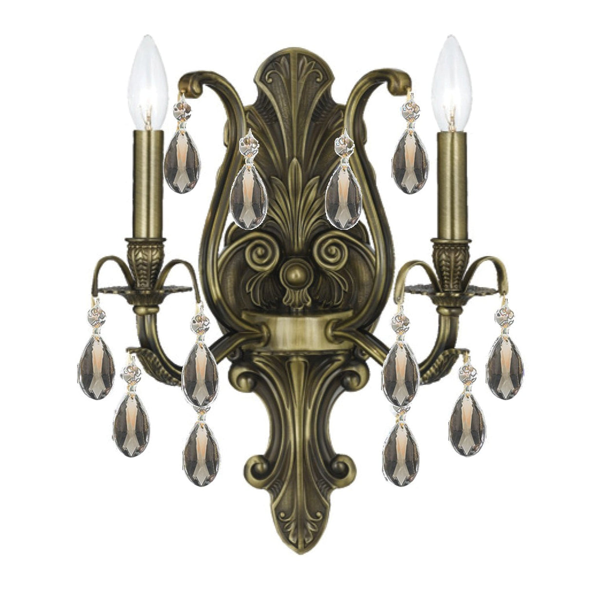 Dawson 2 Light Golden Teak Hand Cut Crystal Antique Brass Sconce 5563-AB-GT-MWP