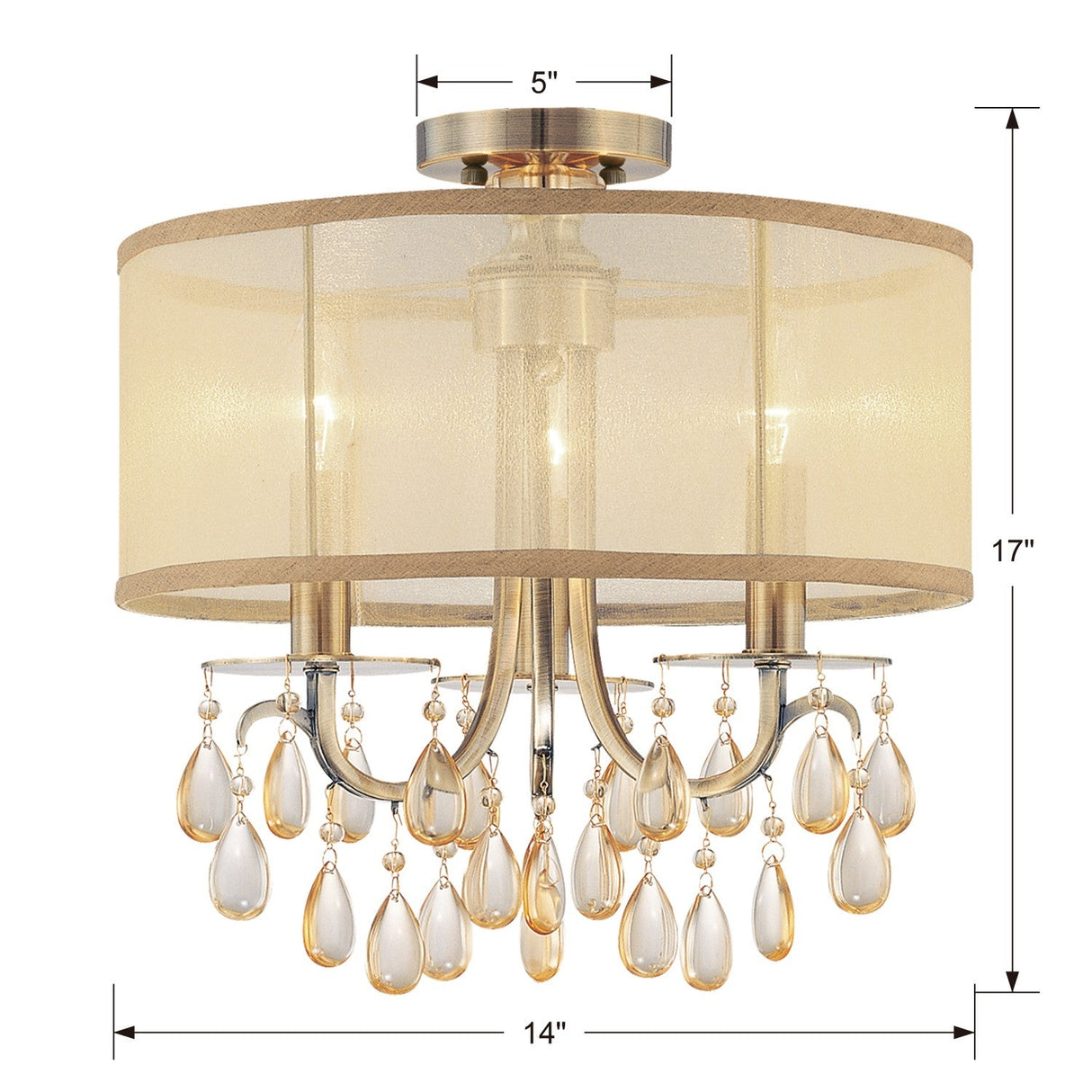 Hampton 3 Light Antique Brass Etruscan Crystal Drum Shade Semi Flush Mount 5623-AB_CEILING