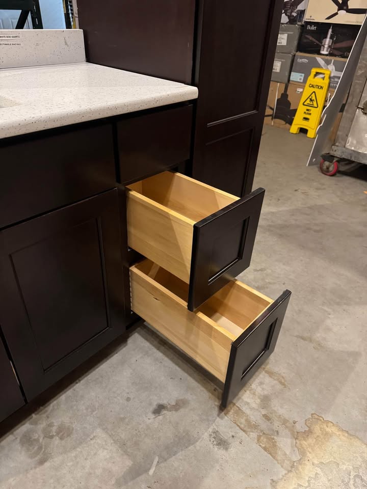 60” Bathroom Vanity Set with 42” Base and 18" Linen Tower – Espresso Shaker with Quartz Top