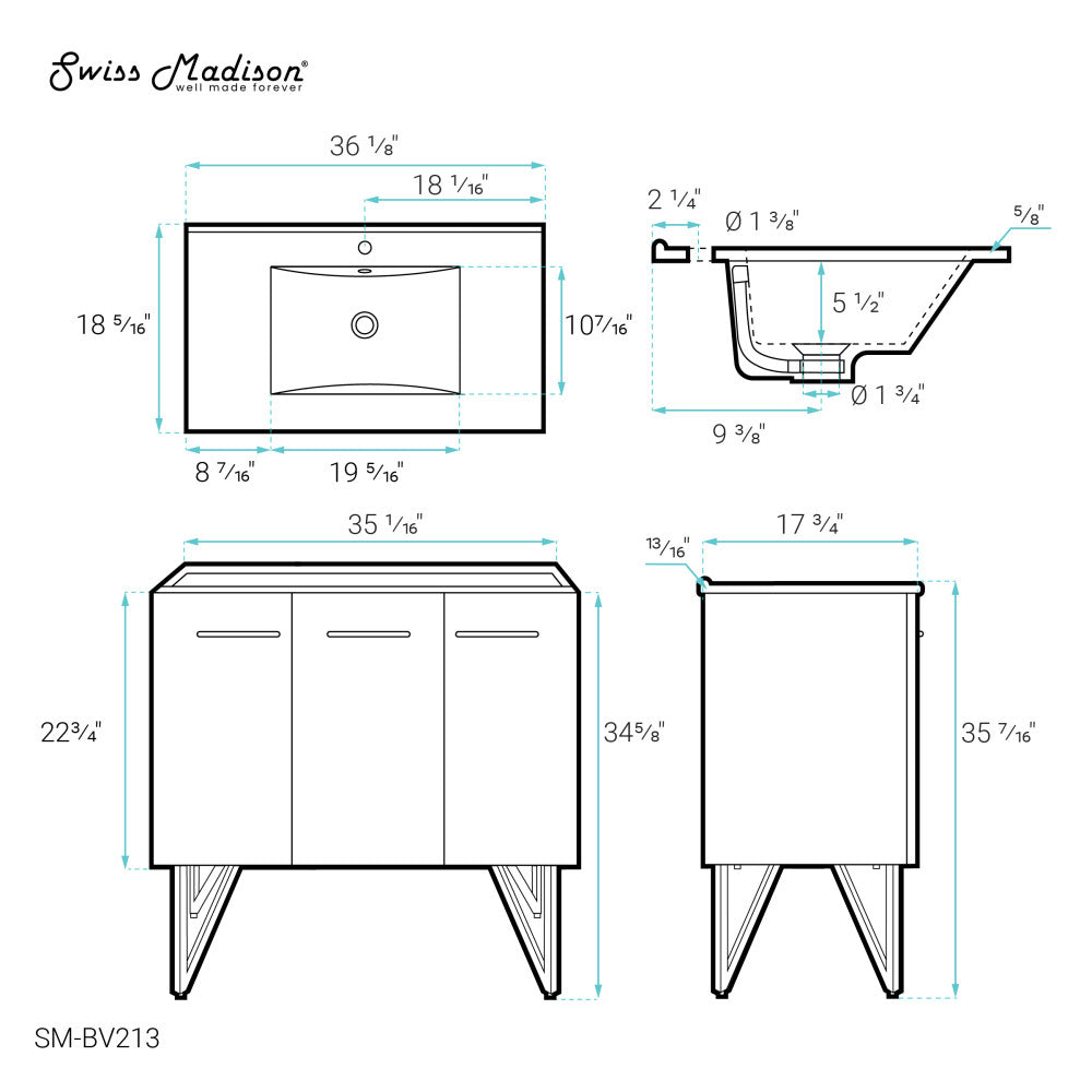 Annecy 36 Single, Glossy White, Two Doors, One Drawer, Bathroom Vanity