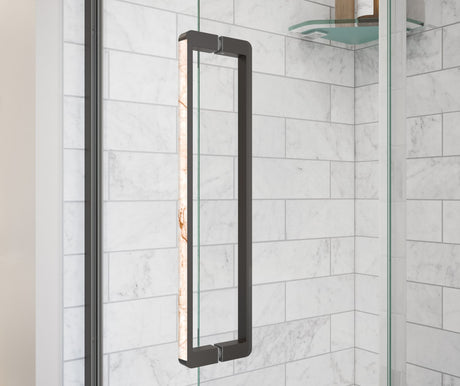 MAAX 135325-900-283-000 Uptown 45-47 x 76 in. 8 mm Pivot Shower Door for Alcove Installation with Clear glass in Dark Bronze & Beige Marble
