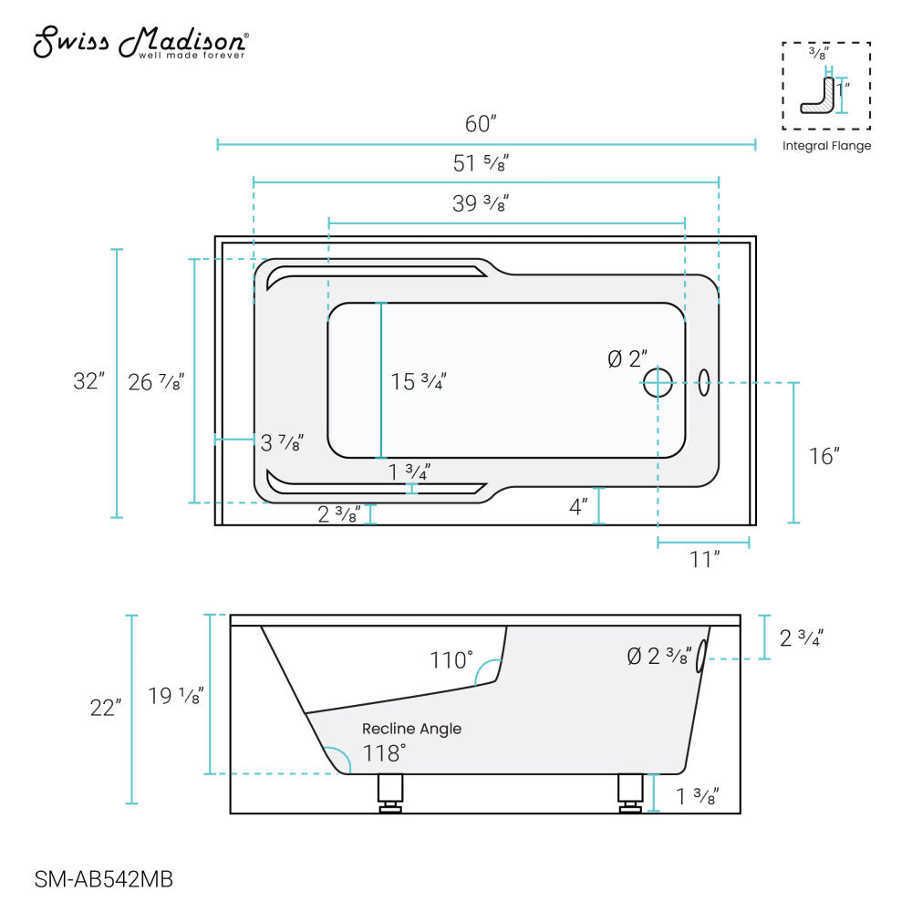 Voltaire 60" X 32" Right-Hand Drain Alcove Bathtub with Apron in Matte Black