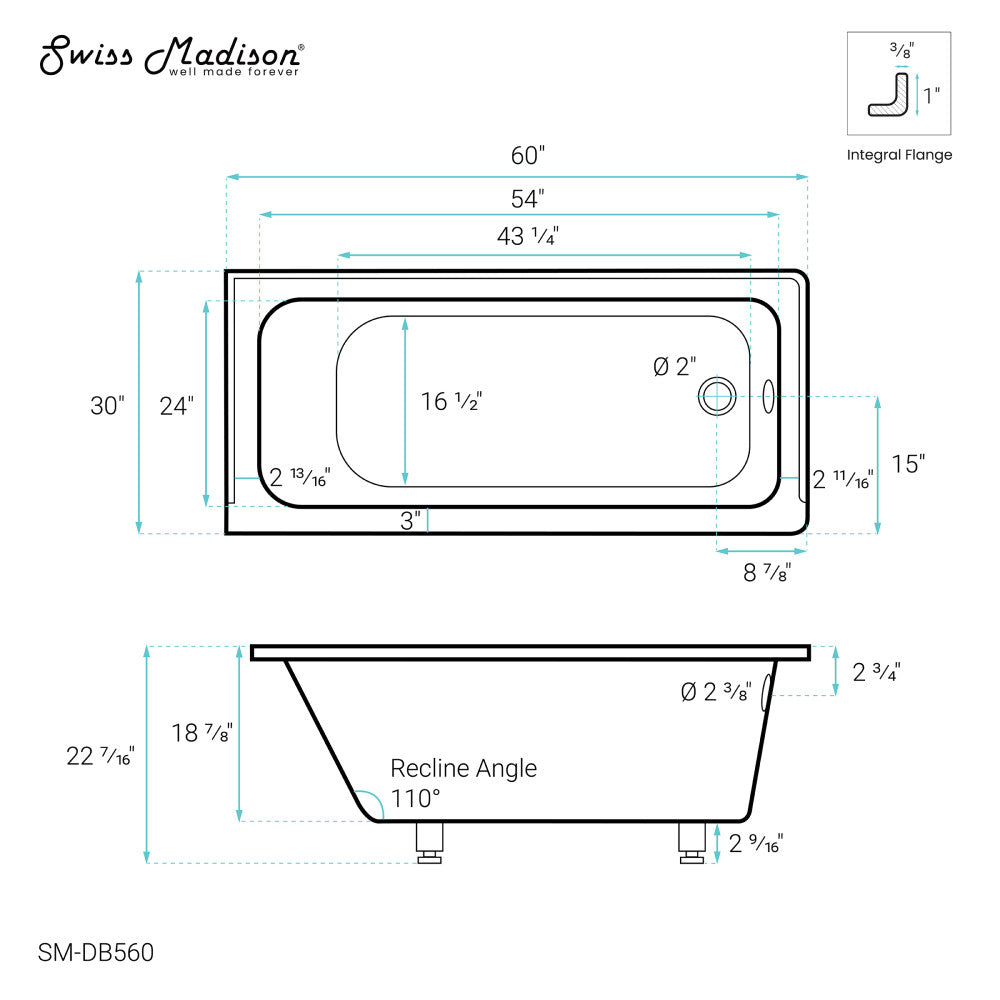 Voltaire 60" X 30" Right-Hand Drain Alcove Bathtub