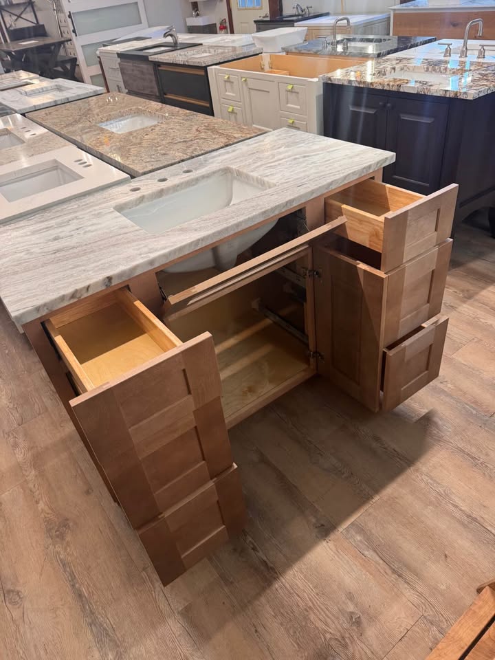 50” Shaker Carmel Cab-Tec Vanity w/ Fantasy Brown Marble Top 3CM