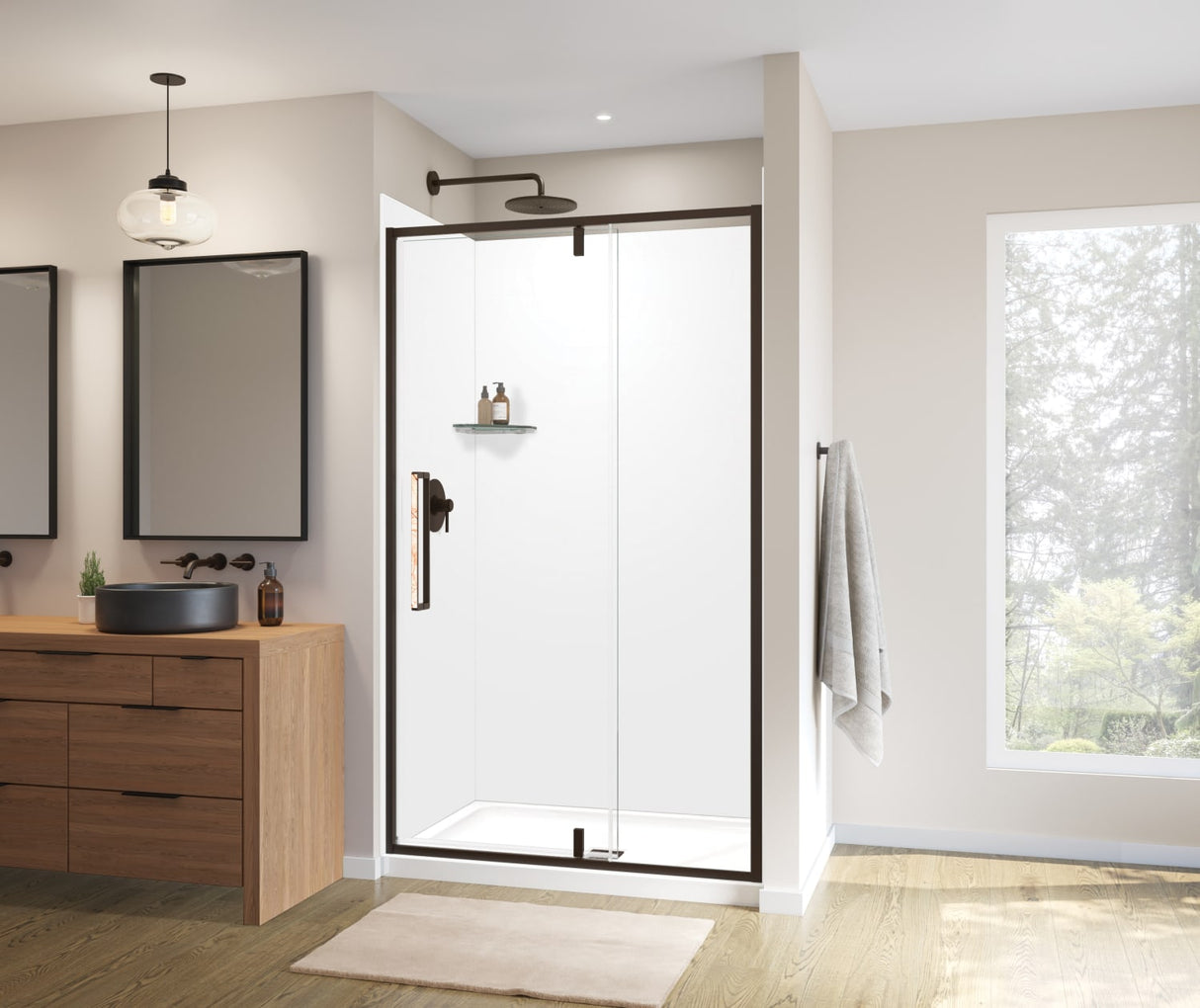 MAAX 135325-900-283-000 Uptown 45-47 x 76 in. 8 mm Pivot Shower Door for Alcove Installation with Clear glass in Dark Bronze & Beige Marble