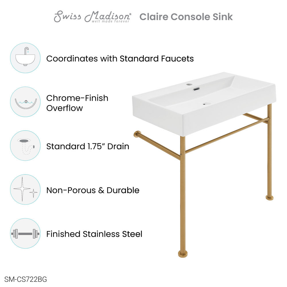 Claire 30 Ceramic Console Sink White Basin Brushed Gold Legs