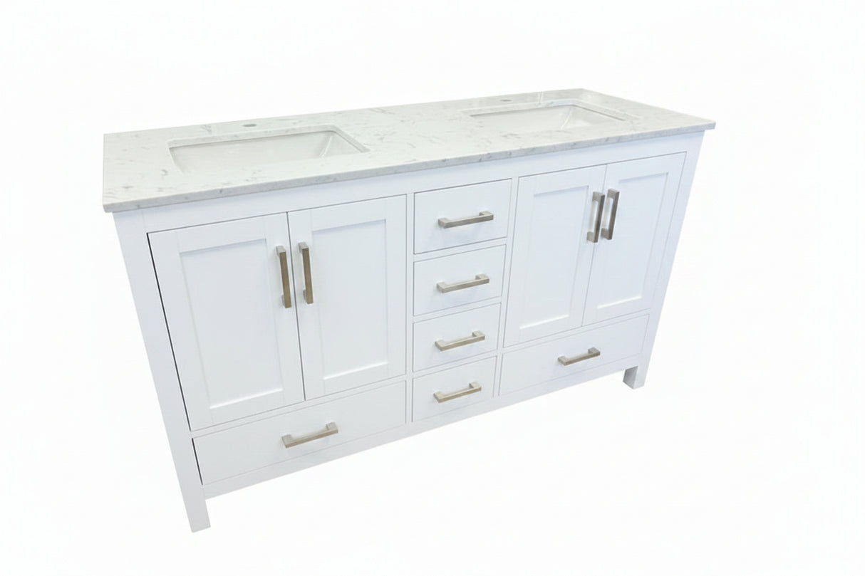 New England Home Goods "Ernie" - 60" Double Sink Vanity in White with Double Bowl Quartz Top