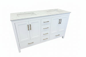 New England Home Goods "Ernie" - 60" Double Sink Vanity in White with Double Bowl Quartz Top