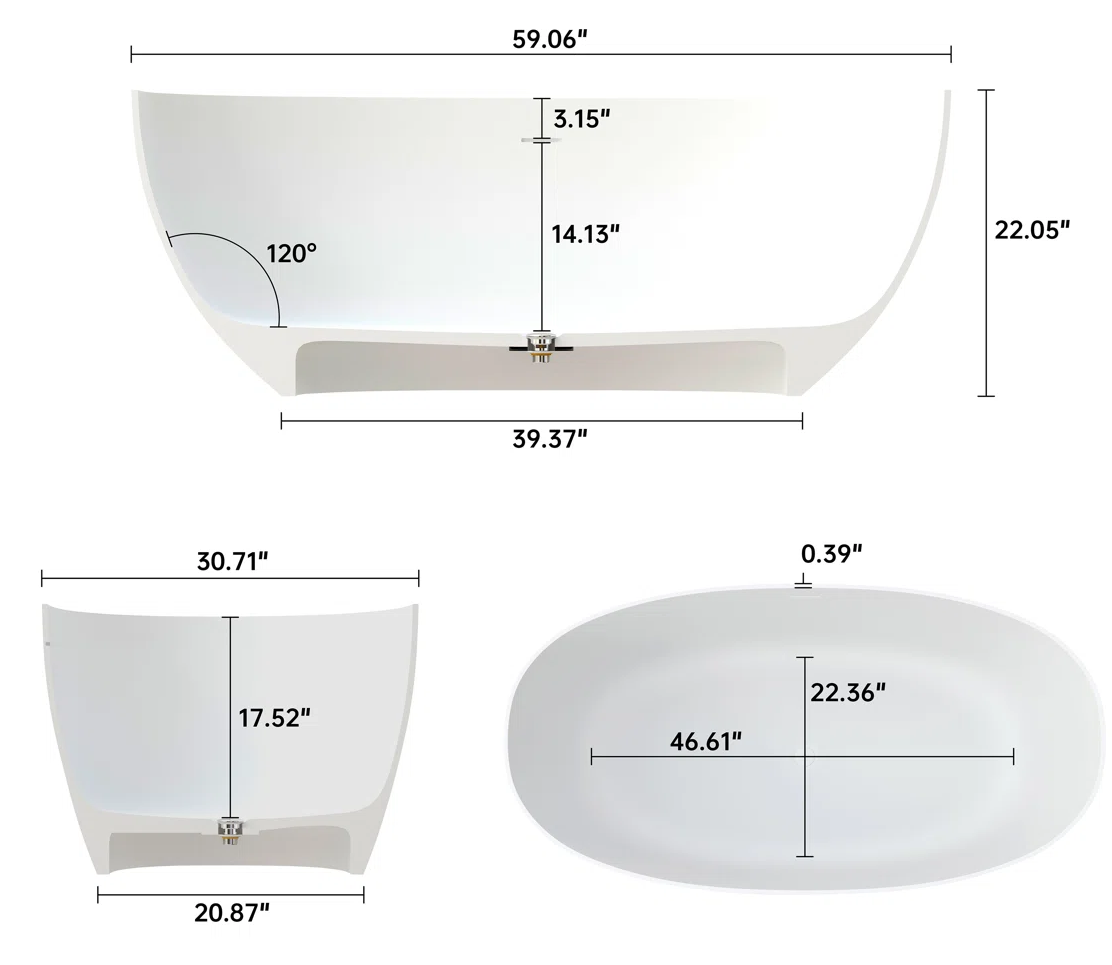 New England Home Goods Whitehaven 59" Matte White Solid Surface Freestanding Soaking Tub
