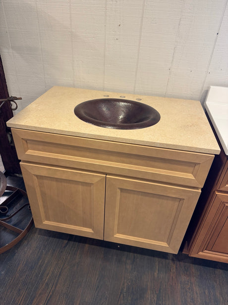 37" Glorious J&K Cabinetry Natural Wood Vanity with Custom Marble Top & Native Trails Copper Vessel Sink