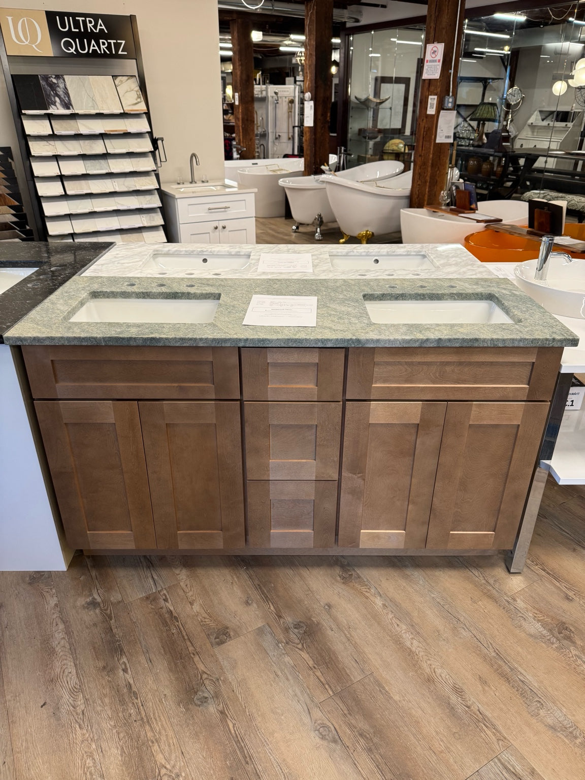 CabTec Sturbridge 60-Inch Vanity – Caramel Stained w/ Costa Esmeralda Quartz Top (SBC-VCD6021) – Ready to Install