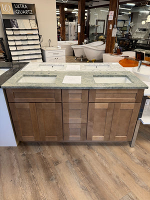 CabTec Sturbridge 60-Inch Vanity – Caramel Stained w/ Costa Esmeralda Quartz Top (SBC-VCD6021) – Ready to Install