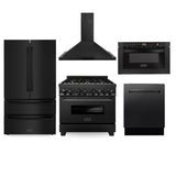 ZLINE Kitchen Package with Black Stainless Steel Refrigeration, 36 in. Dual Fuel Range, 36 in. Range Hood, Microwave Drawer, and 24 in. Tall Tub Dishwasher (5KPR-RABRH36-MWDWV)