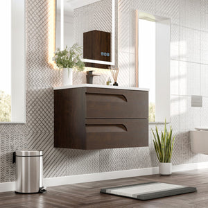 Joy 32 in. Rosewood Wall Mount Single Sink Bath Vanity with Porcelain Top and Integrated Sink
