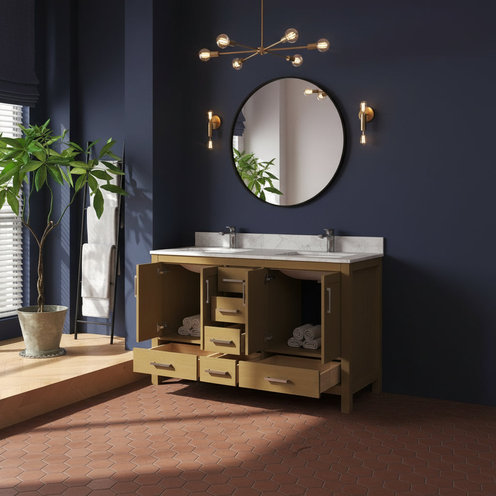 New England Home Goods Etna 55" Single Sink Vanity in White with Double Bowl Quartz Top