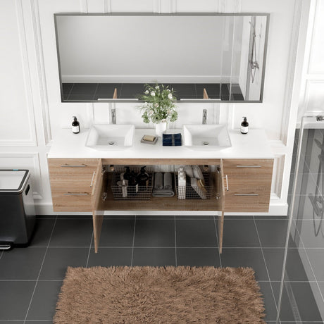 Luxy 72 in. White Oak Wall Mount Double Sink  Bath Vanity with White Quartz Top and Vessel Porcelain Sinks