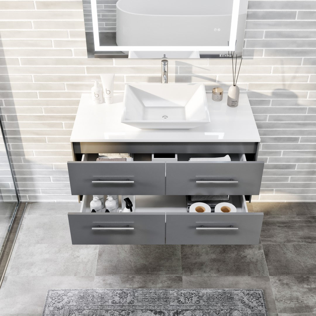 Wave 36 in. Gray Wall Mount Single Sink Bath Vanity with White Quartz Top and Vessel Porcelain Sink
