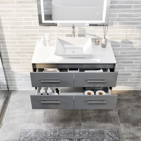 Wave 36 in. Gray Wall Mount Single Sink Bath Vanity with White Quartz Top and Vessel Porcelain Sink