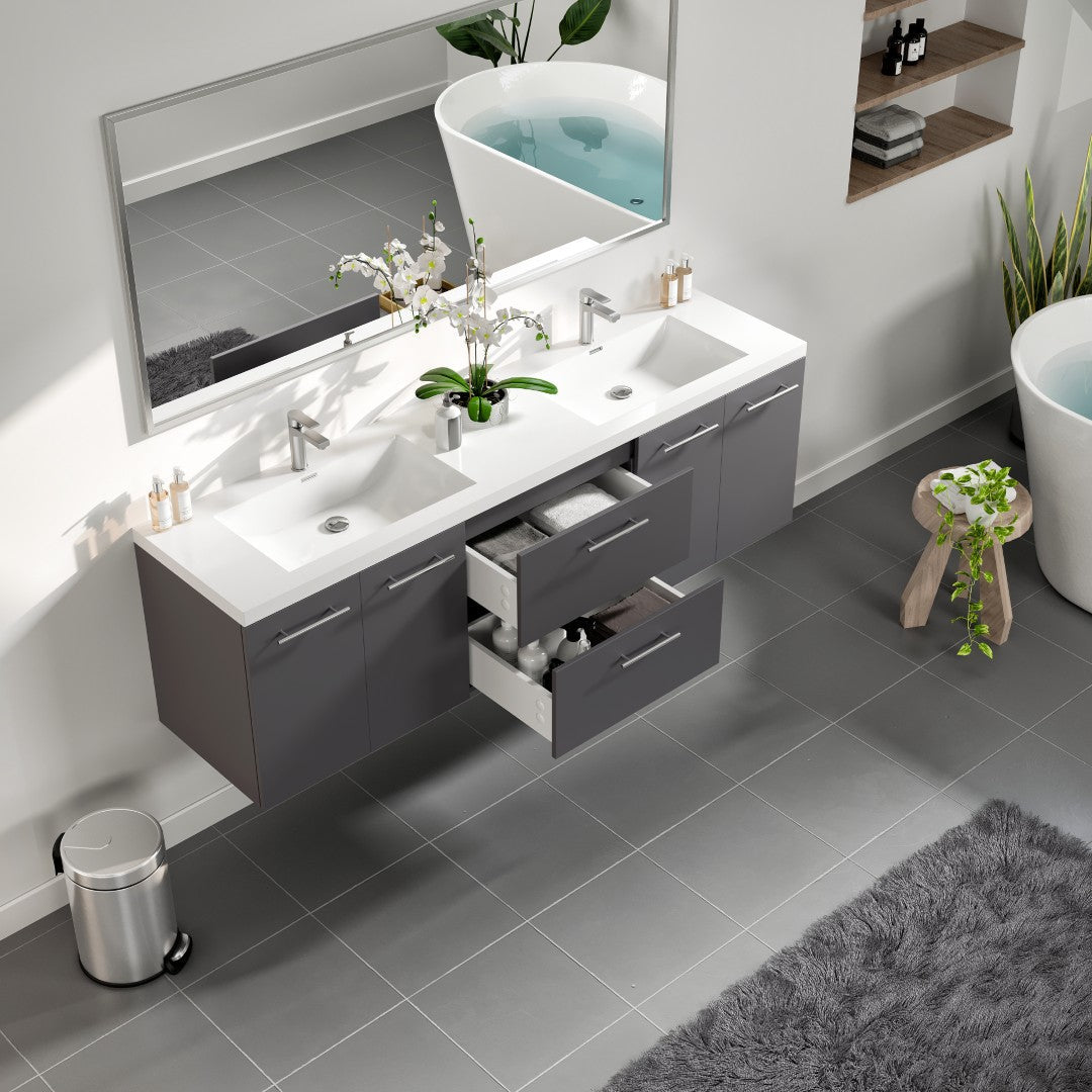 Axis 72 in. Gray Wall Mount Double Sink  Bath Vanity with Acrylic Top and Integrated Sinks
