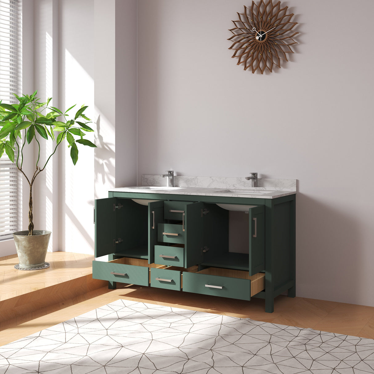 New England Home Goods Long 60" Double Sink Vanity in Green - Engineered Wood; Stone Top