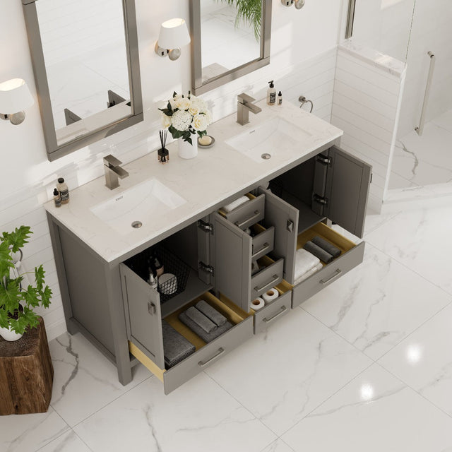 London 60 in. Gray Double Sink  Bath Vanity with Carrara Quartz Top and Undermount Porcelain Sinks