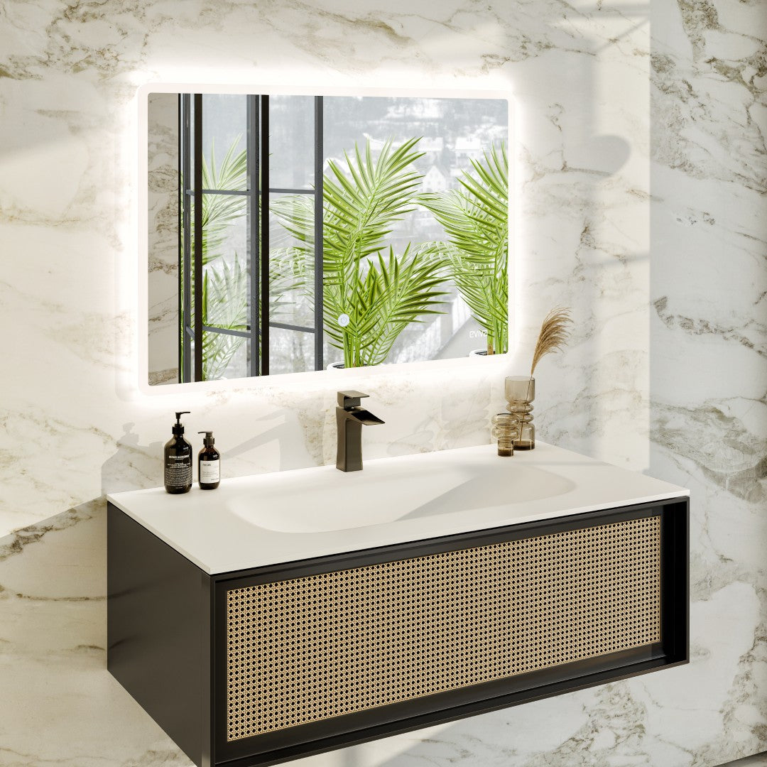 Nets 32 in. Natural Oak/Black Wall Mount Single Sink Bath Vanity with Solid Surface Top and Integrated Sink