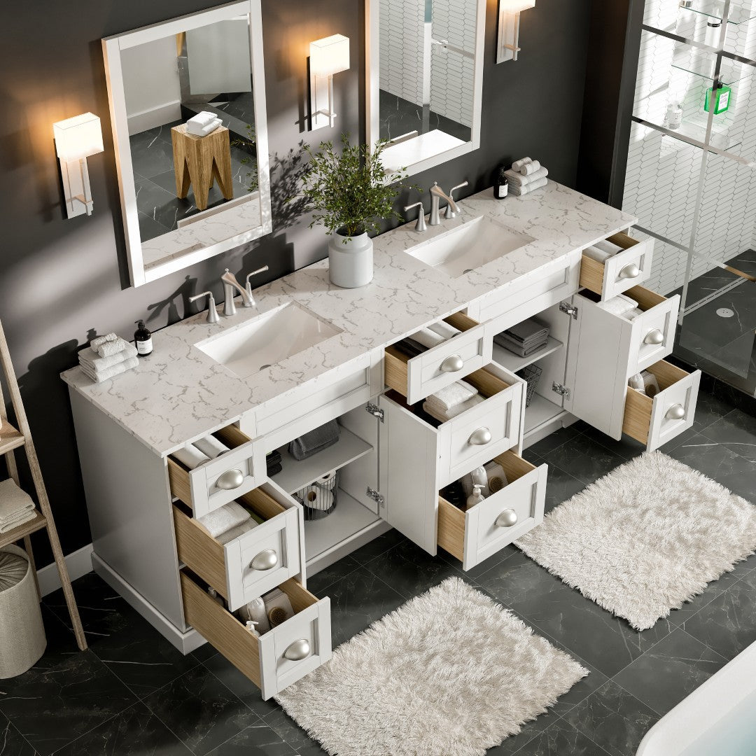 Epic 96 in. White Double Sink  Bath Vanity with Carrara Quartz Top and Undermount Porcelain Sinks