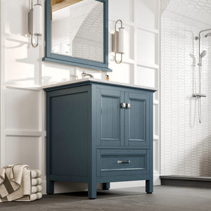 Eviva Britney 30 Inch Transitional Ash Blue Bathroom Vanity with Carrera Marble Top