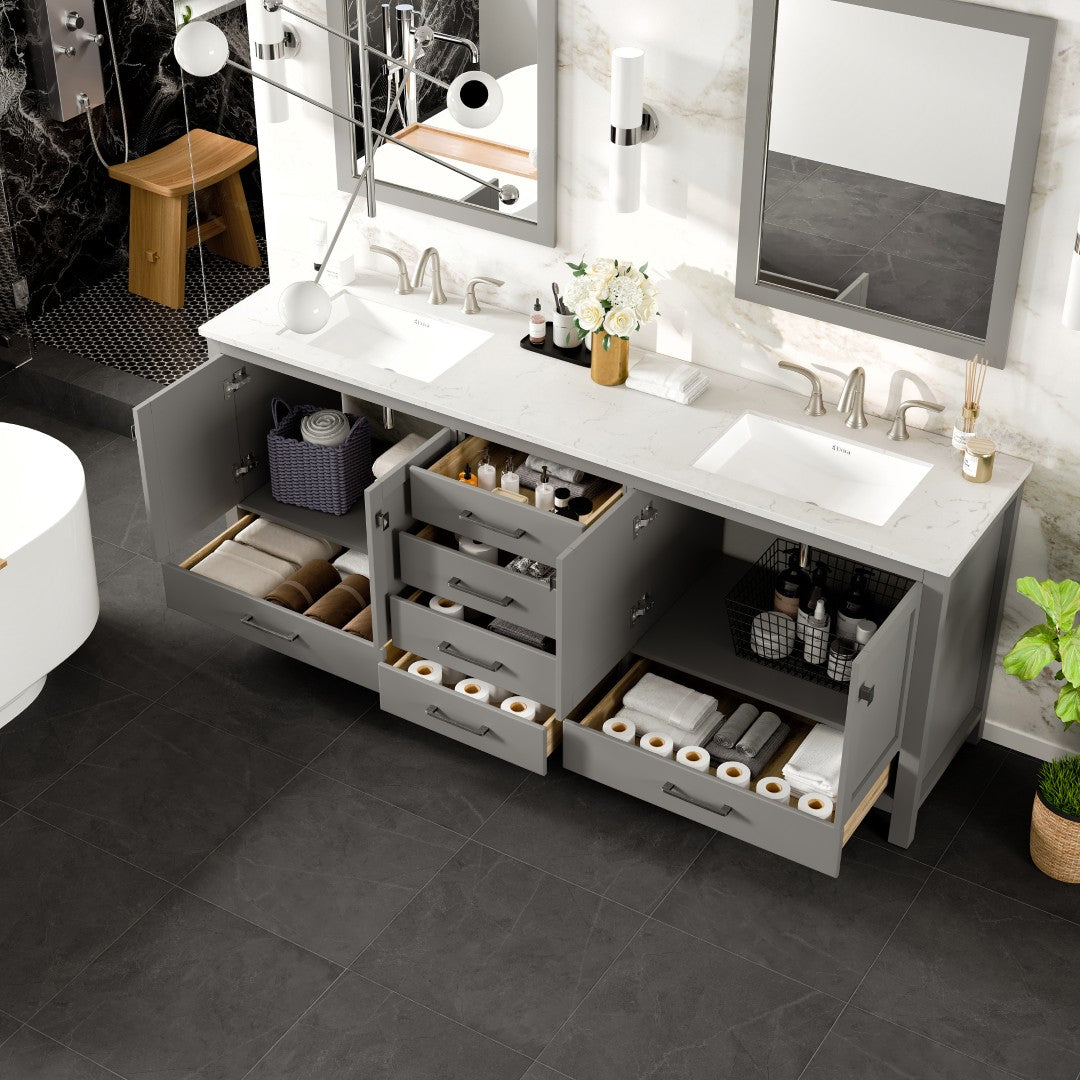 Aberdeen 84 in. Gray Double Sink  Bath Vanity with Carrara Quartz Top and Undermount Porcelain Sinks