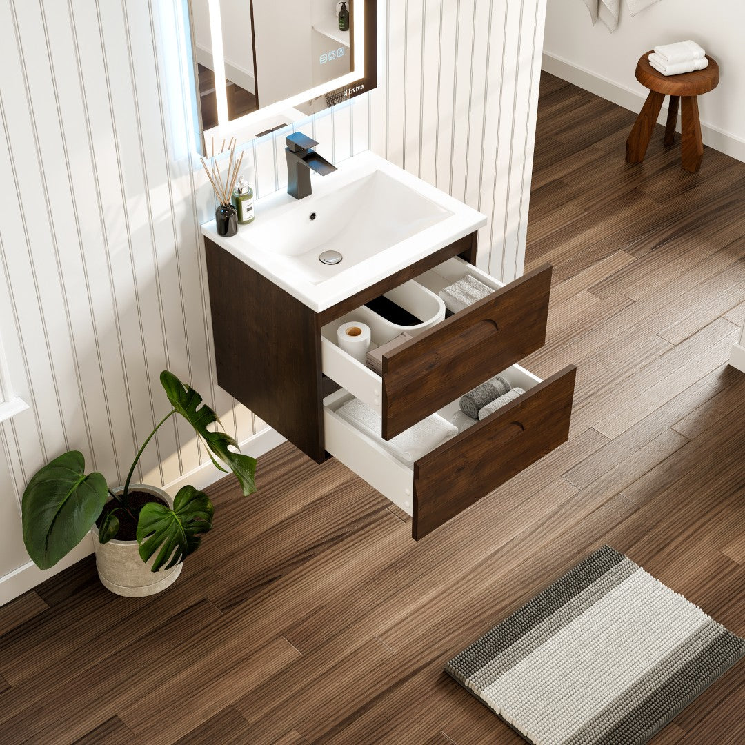 Joy 24 in. Rosewood Wall Mount Single Sink Bath Vanity with Porcelain Top and Integrated Sink
