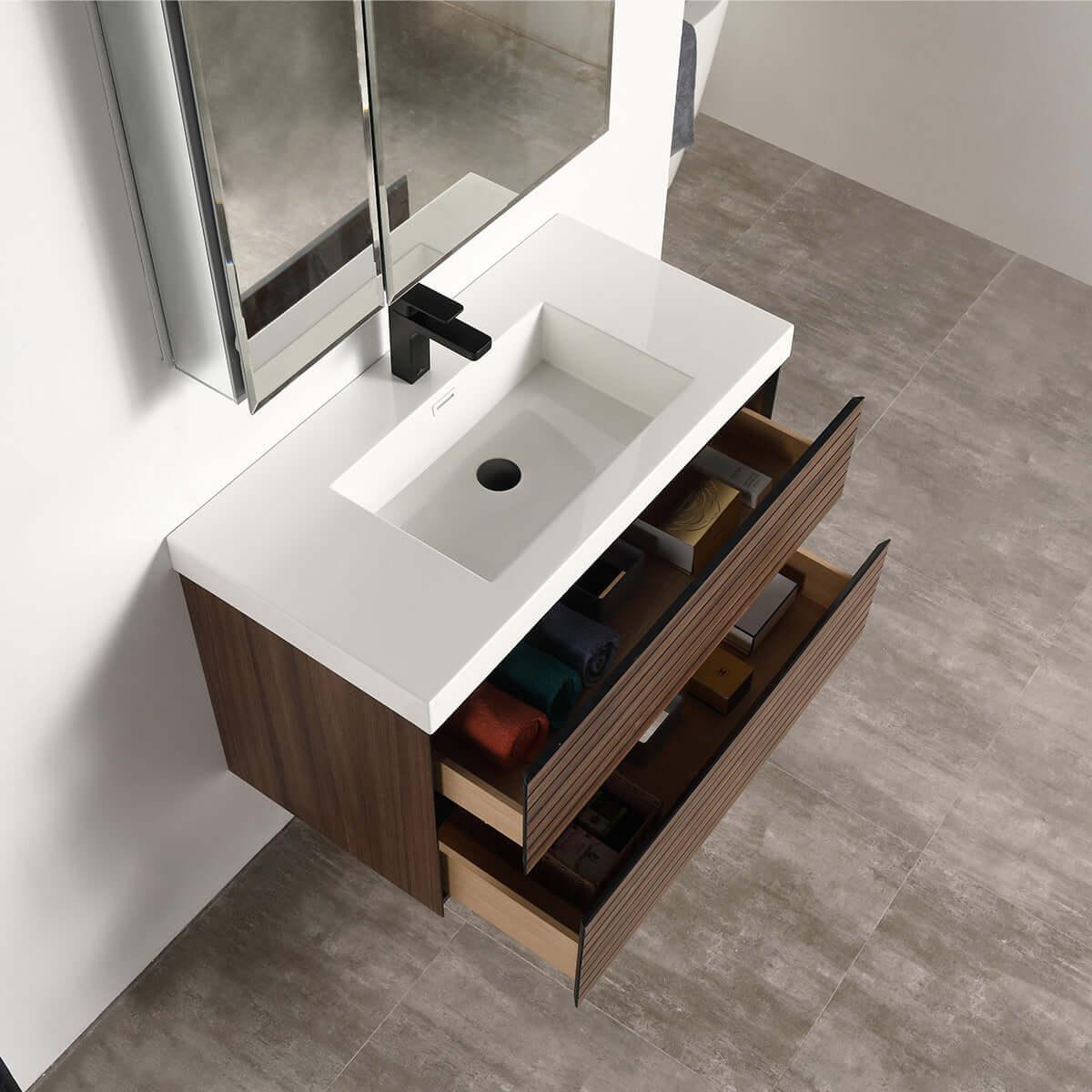 Blossom Annecy 36″ Wall-Hung Vanity - Modern Minimalist Design with Soft-Closing Drawers in Dark Walnut and Maple