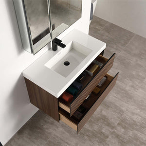 Blossom Annecy 36″ Wall-Hung Vanity - Modern Minimalist Design with Soft-Closing Drawers in Dark Walnut and Maple