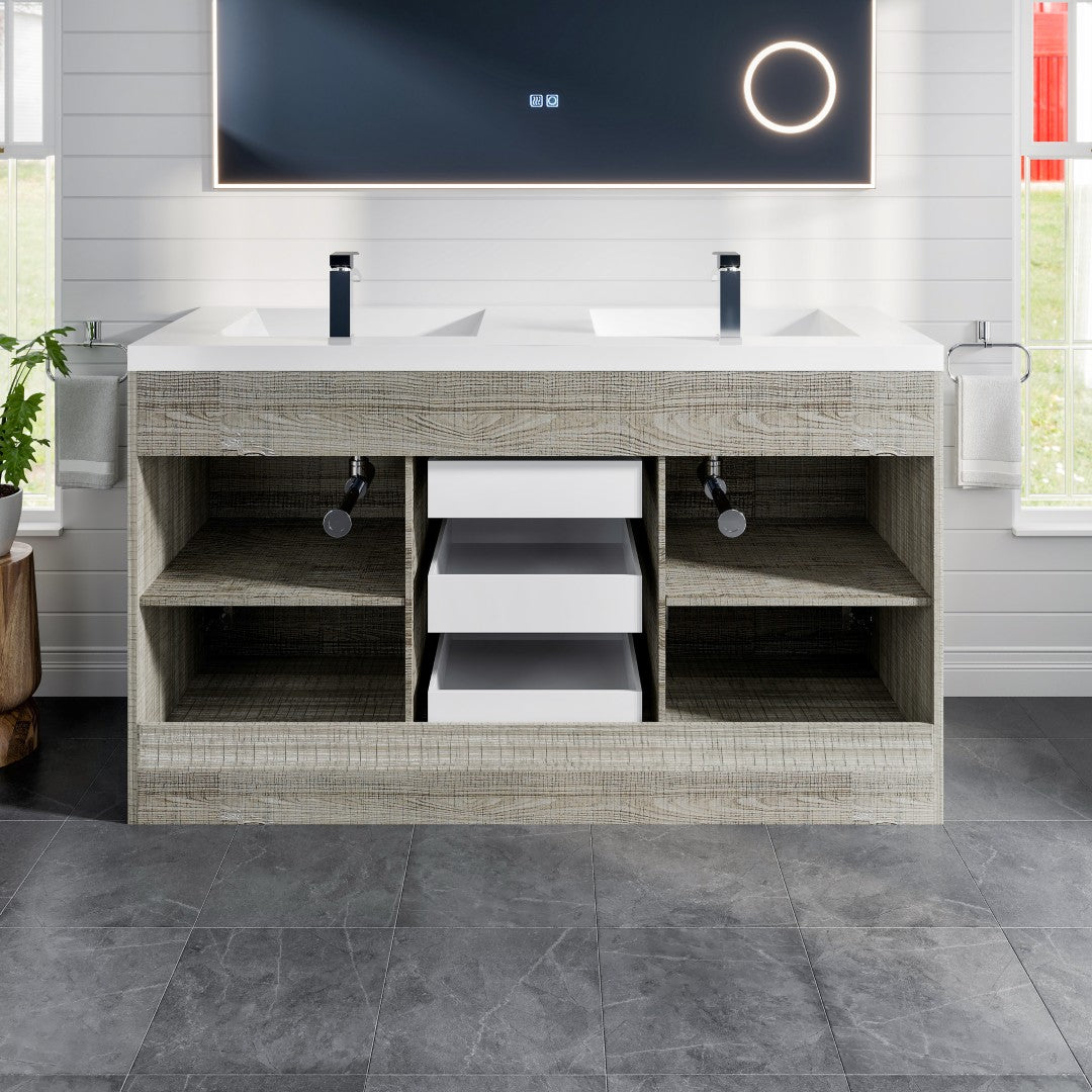 Lugano 60 in. Ash Double Sink  Bath Vanity with Acrylic Top and Integrated Sinks