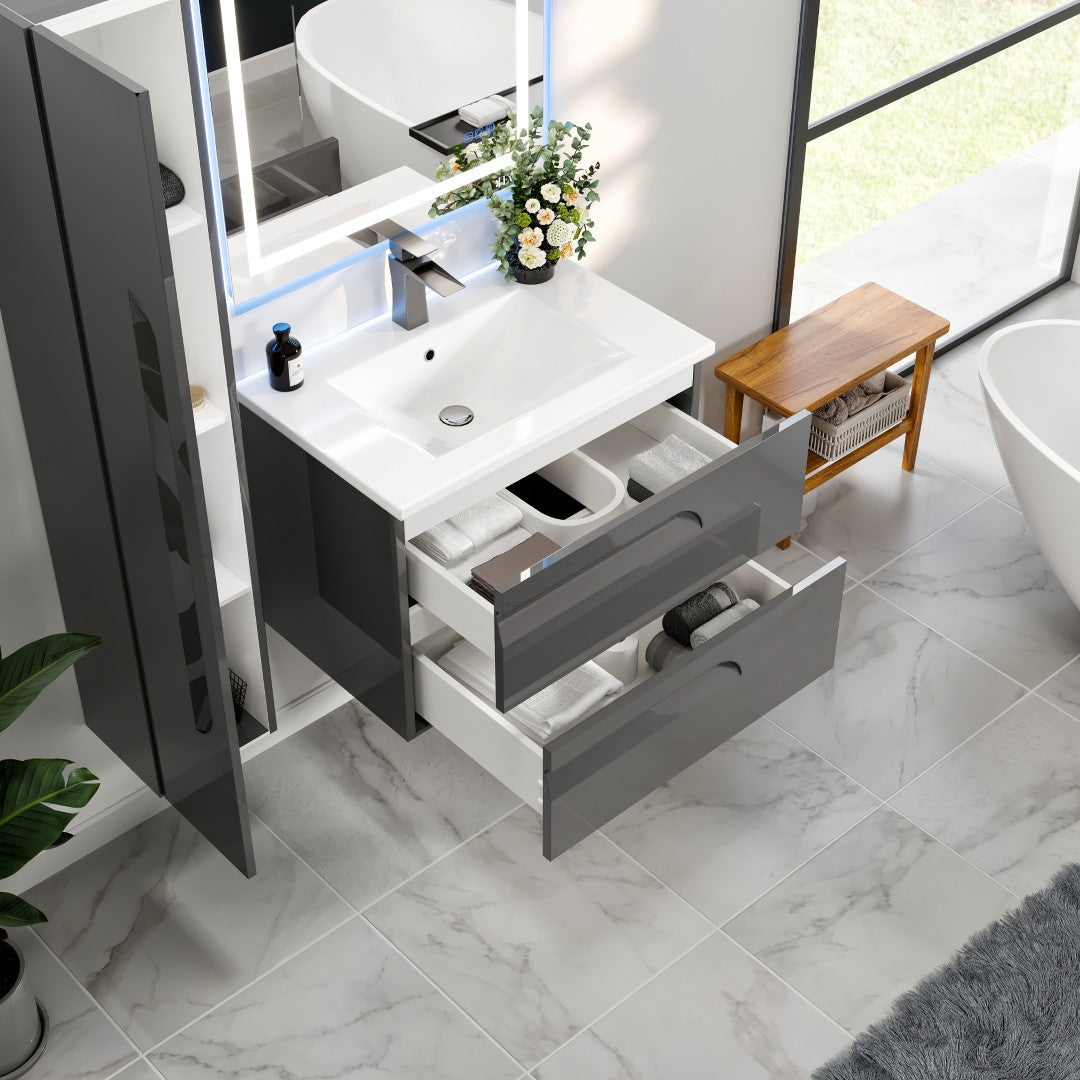 Joy 32 in. Gray Wall Mount Single Sink Bath Vanity with Porcelain Top and Integrated Sink