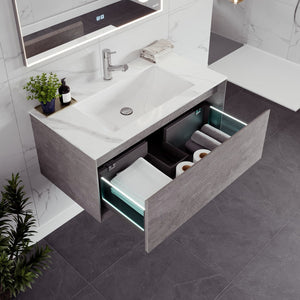 Aurora 36 in. Concrete Gray Wall Mount Single Sink Bath Vanity with Carrara Quartz Top and Undermount Porcelain Sink