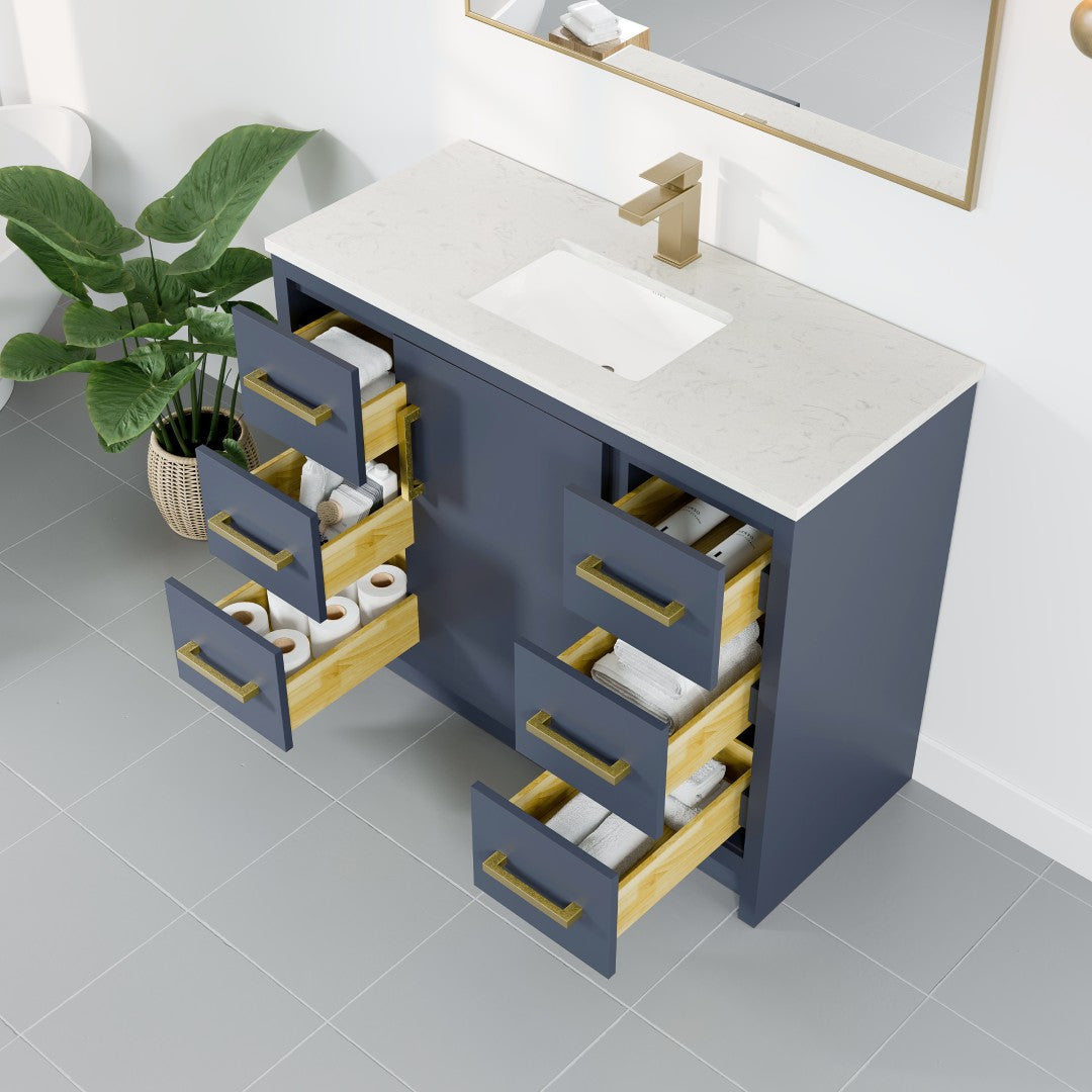 Curio 42 in. Dark Blue Single Sink Bath Vanity with Carrara Quartz Top and Undermount Porcelain Sink