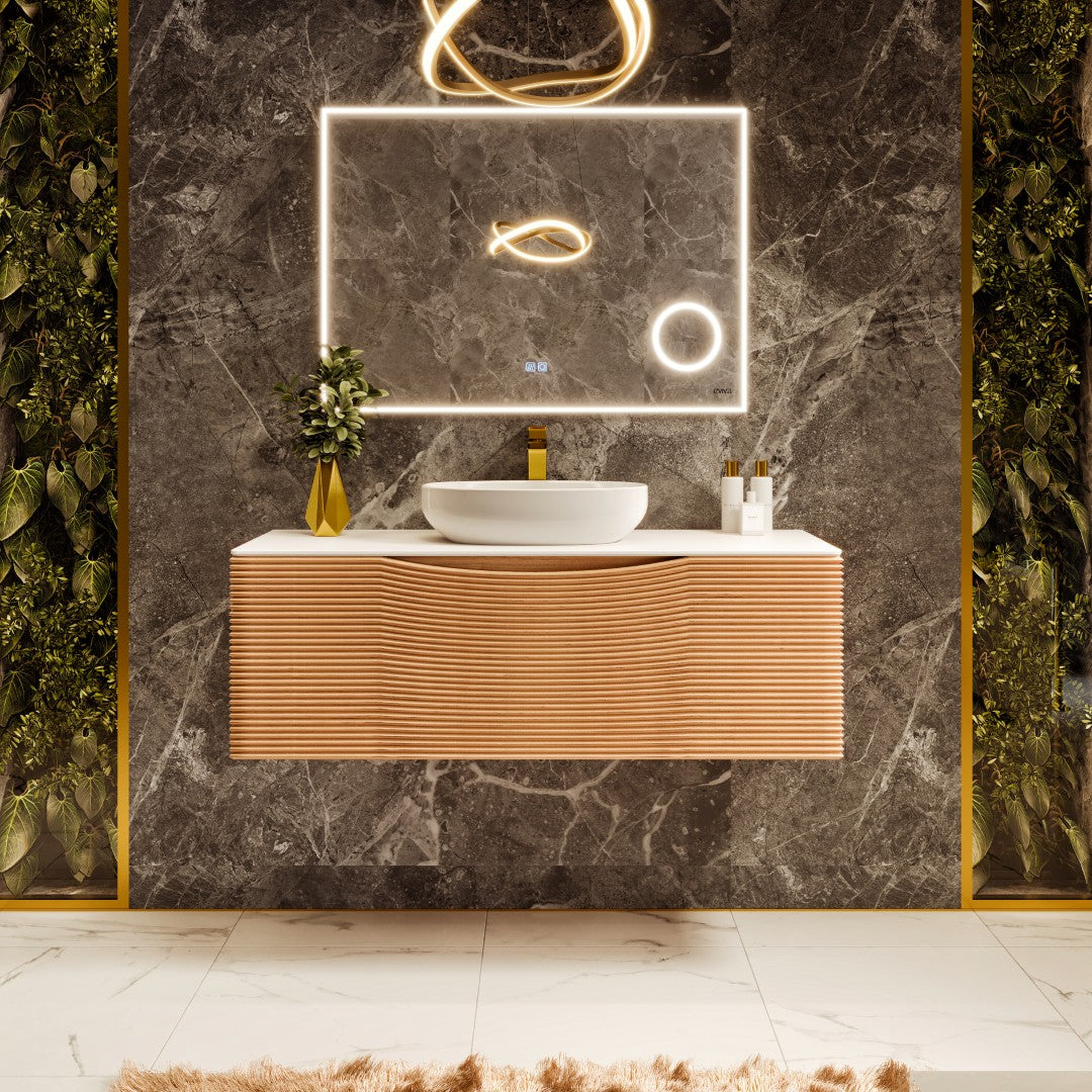 Leah 32 in. Medium Oak Wall Mount Single Sink Bath Vanity with Solid Surface Top and Vessel Solid Surface Sink