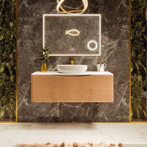 Leah 32 in. Medium Oak Wall Mount Single Sink Bath Vanity with Solid Surface Top and Vessel Solid Surface Sink