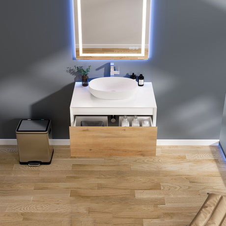 Santa Monica 36 in. White Oak Wall Mount Single Sink Bath Vanity with Acrylic Top and Vessel Solid Surface Sink