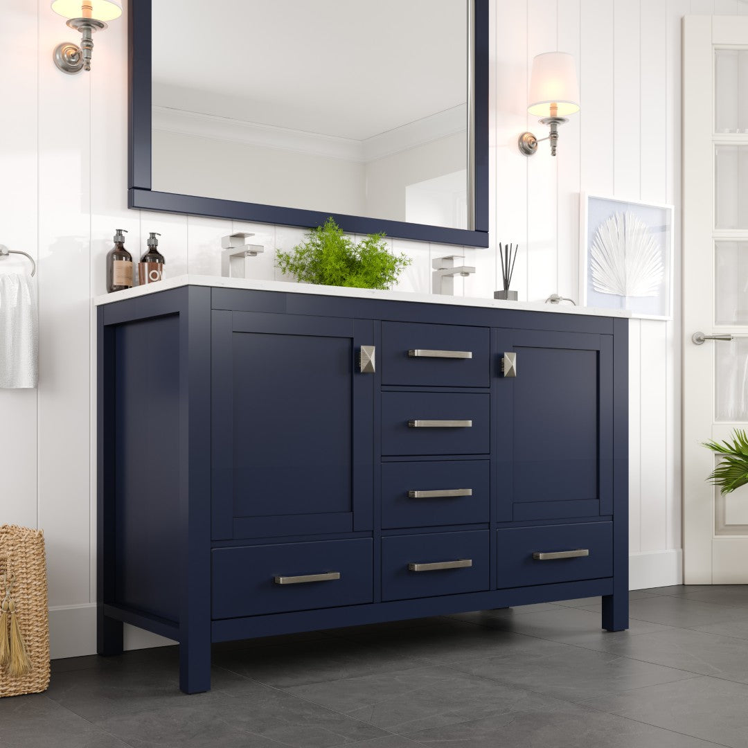 London 54 in. Blue Double Sink  Bath Vanity with Carrara Quartz Top and Undermount Porcelain Sinks