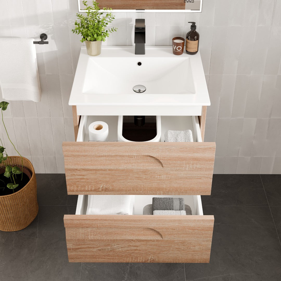 Joy 24 in. Maple Wall Mount Single Sink Bath Vanity with Porcelain Top and Integrated Sink
