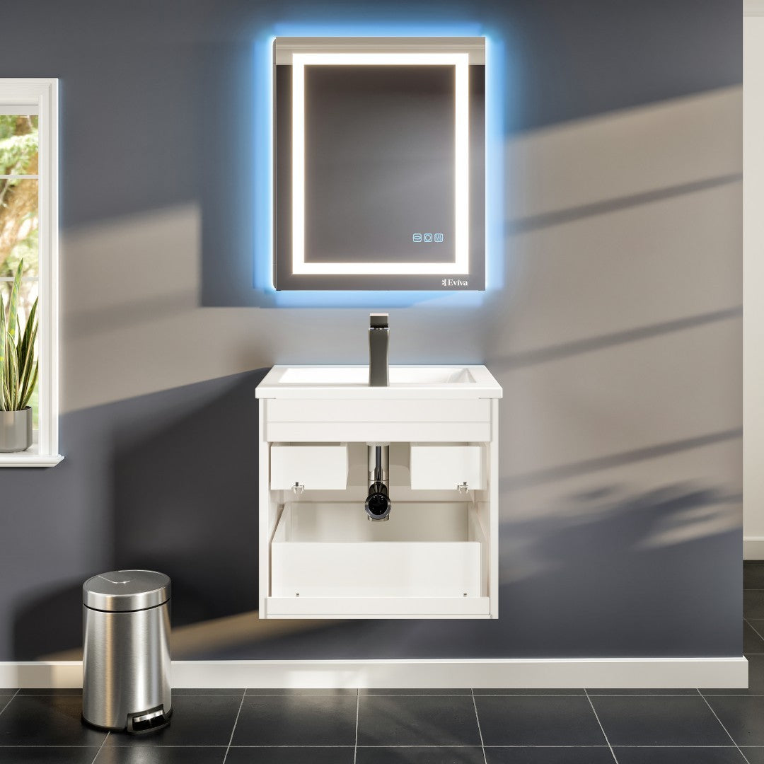 Joy 24 in. White Wall Mount Single Sink Bath Vanity with Porcelain Top and Integrated Sink