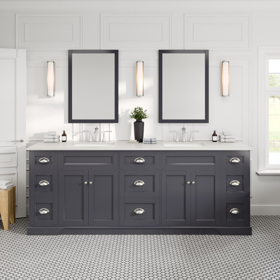 Epic 96 in. Charcoal Gray Double Sink  Bath Vanity with Carrara Quartz Top and Undermount Porcelain Sinks