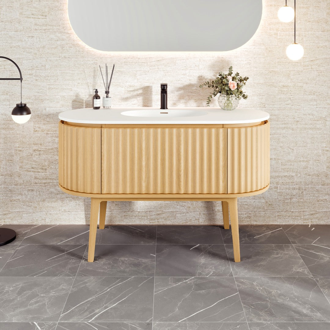 Haven 48 in. Natural Oak Single Sink Bath Vanity with Solid Surface Top and Integrated Sink