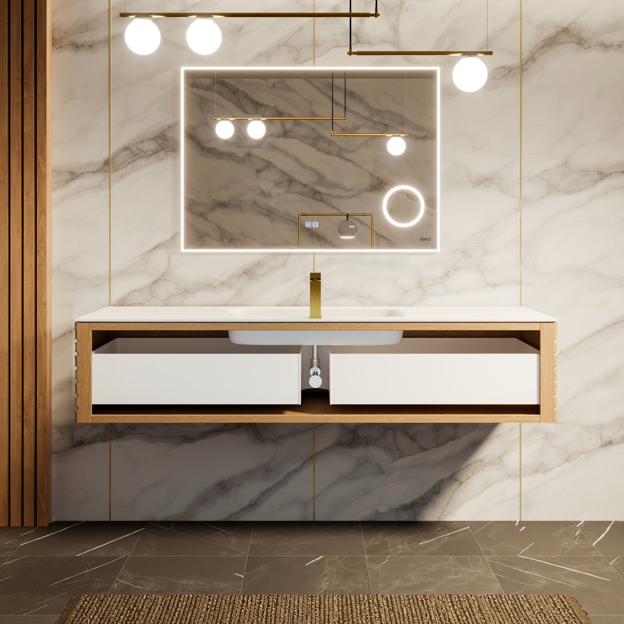 Allure 55 in. Oak Wall Mount Single Sink Bath Vanity with Solid Surface Top and Integrated Sink