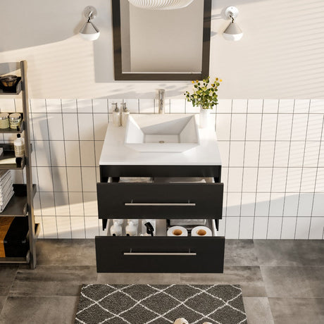 Wave 24 in. Espresso Wall Mount Single Sink Bath Vanity with White Quartz Top and Vessel Porcelain Sink