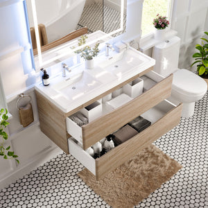 Smile 48 in. White Oak Wall Mount Double Sink  Bath Vanity with Acrylic Top and Integrated Sinks