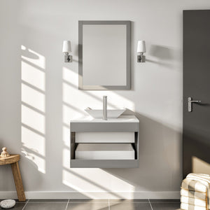 Wave 24 in. Gray Wall Mount Single Sink Bath Vanity with White Quartz Top and Vessel Porcelain Sink